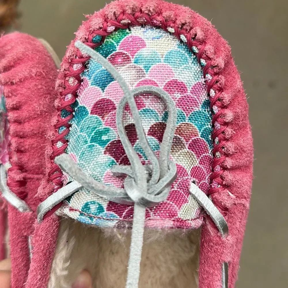 Minnetonka Girls Pink Moccasin Slippers with Mermaid Scale Accent